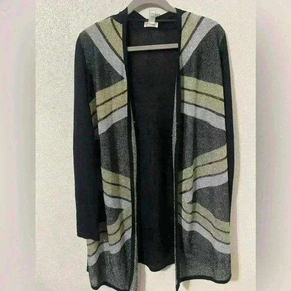 Chicos Light Weight Cardigan Size 1 (US M)Very Pretty Black, Gold & Silver - Picture 1 of 4